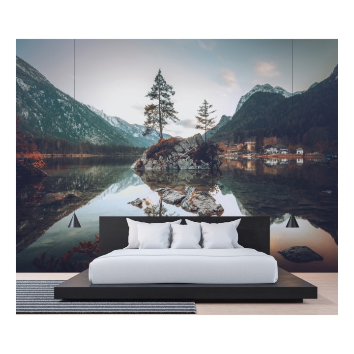 Papel pintado mural islote con abetos y reflejos en lago alpino  - Nature Haven 684777