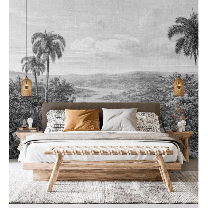Papel pintado mural ilustración panorámica de naturaleza exótica en blanco y negro - Majestic Pathway 684778