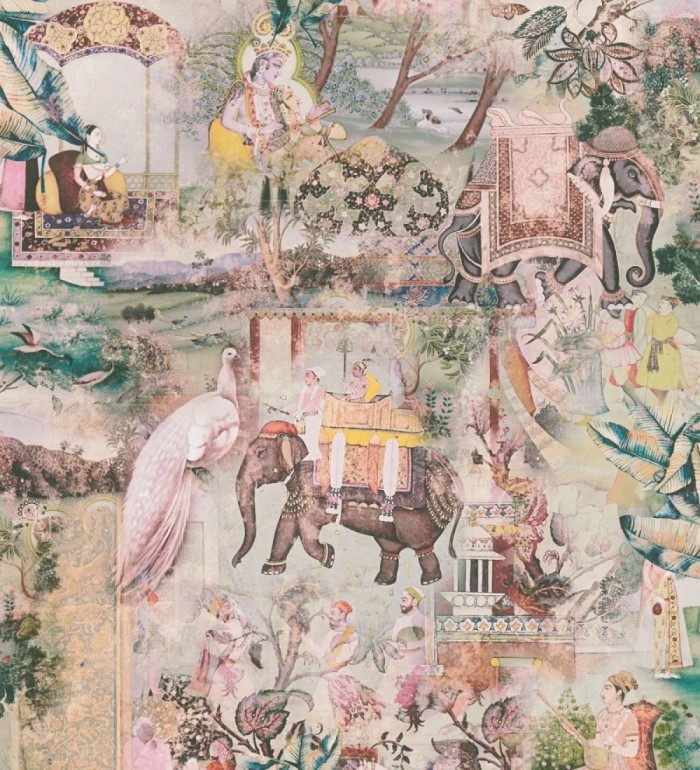 Papel pintado exótico de la India tradicional con elefantes palacios y pavos reales - Zalaya Indus 684780