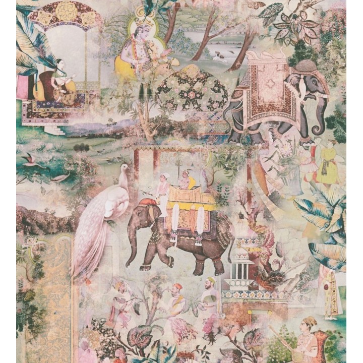 Papel pintado exótico de la India tradicional con elefantes palacios y pavos reales - Zalaya Indus 684780
