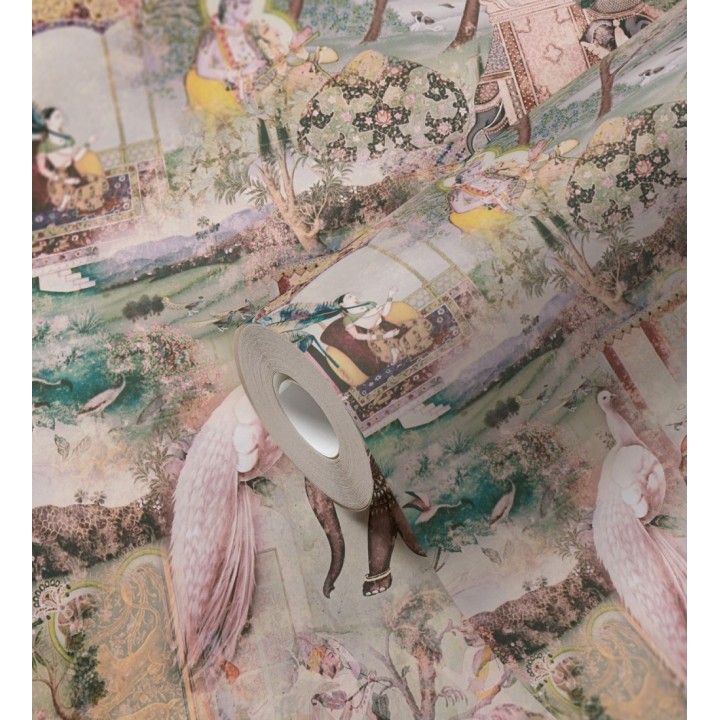 Papel pintado exótico de la India tradicional con elefantes palacios y pavos reales - Zalaya Indus 684780