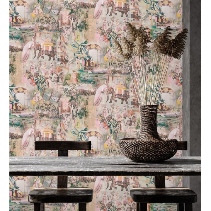 Papel pintado exótico de la India tradicional con elefantes palacios y pavos reales - Zalaya Indus 684780