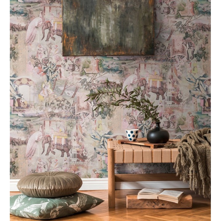 Papel pintado exótico de la India tradicional con elefantes palacios y pavos reales - Zalaya Indus 684780
