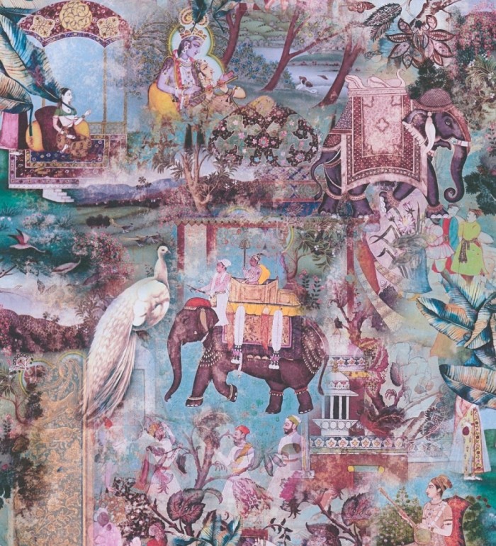 Papel pintado exótico de la India tradicional con elefantes palacios y pavos reales - Zalaya Indus 684781