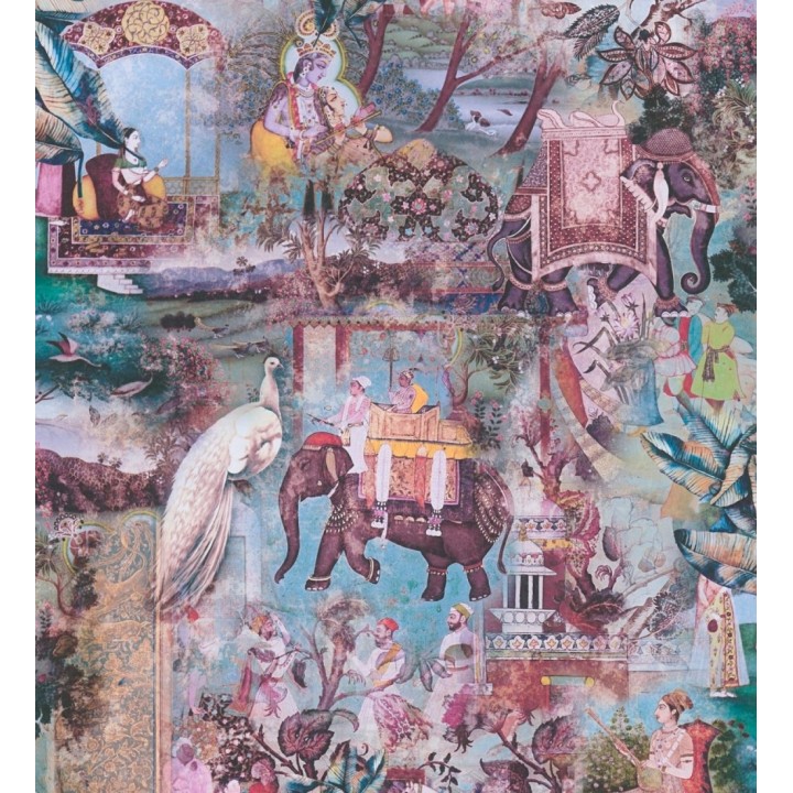 Papel pintado exótico india tradicional de palacios con elefantes y aves - Zalaya Indus 684781