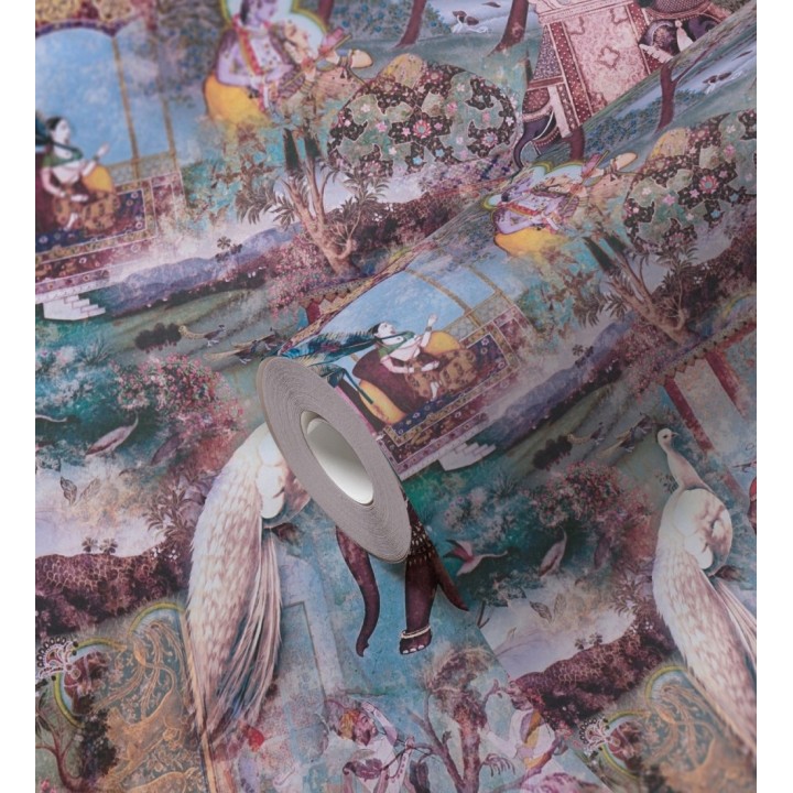 Papel pintado exótico india tradicional de palacios con elefantes y aves - Zalaya Indus 684781