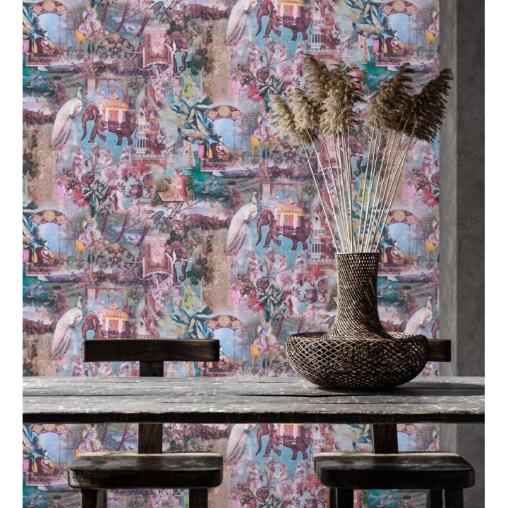 Papel pintado exótico india tradicional de palacios con elefantes y aves - Zalaya Indus 684781