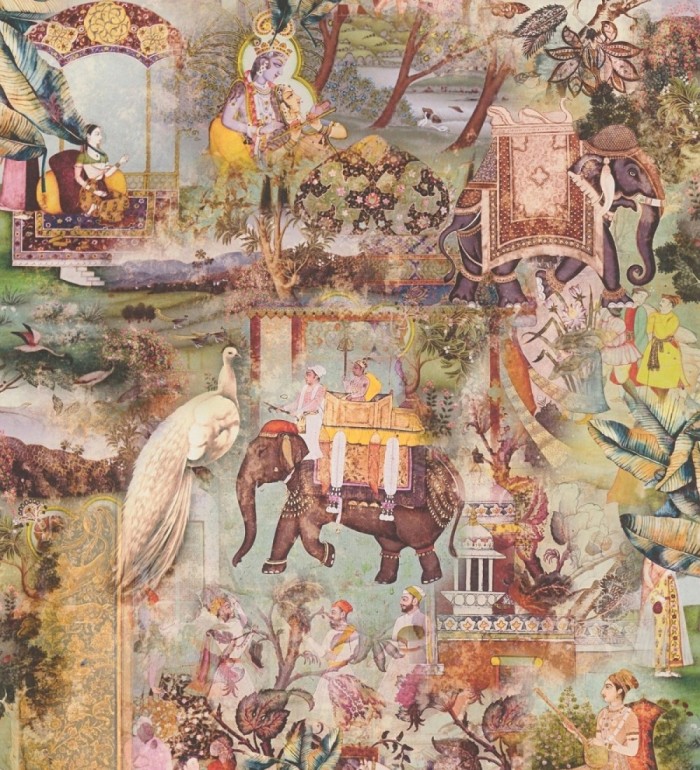 Papel pintado exótico de la India tradicional con elefantes palacios y pavos reales - Zalaya Indus 684782