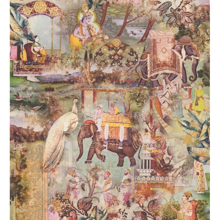 Papel pintado exótico de la India tradicional con elefantes palacios y pavos reales - Zalaya Indus 684782