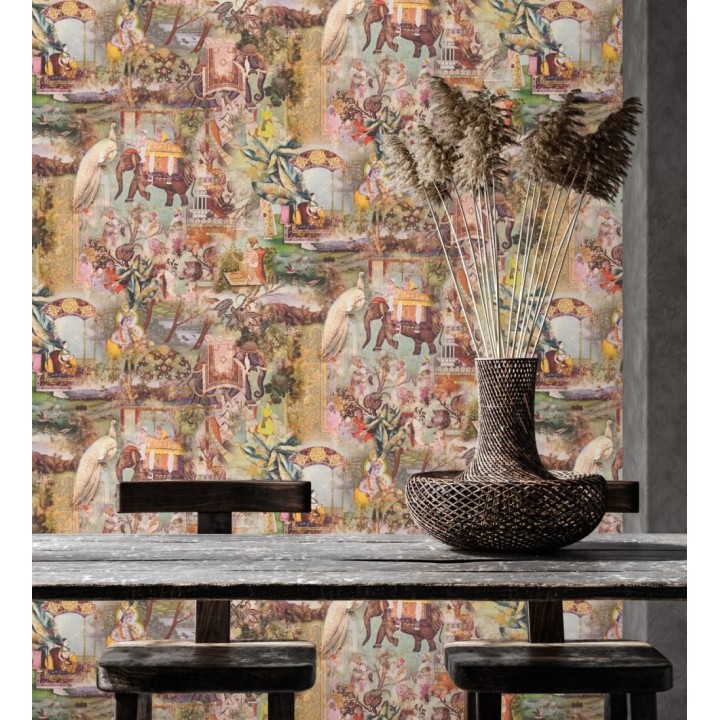 Papel pintado exótico de la India tradicional con elefantes palacios y pavos reales - Zalaya Indus 684782