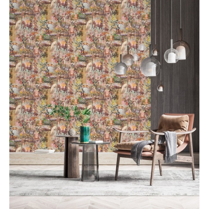 Papel pintado exótico de la India tradicional con elefantes palacios y pavos reales - Zalaya Indus 684782