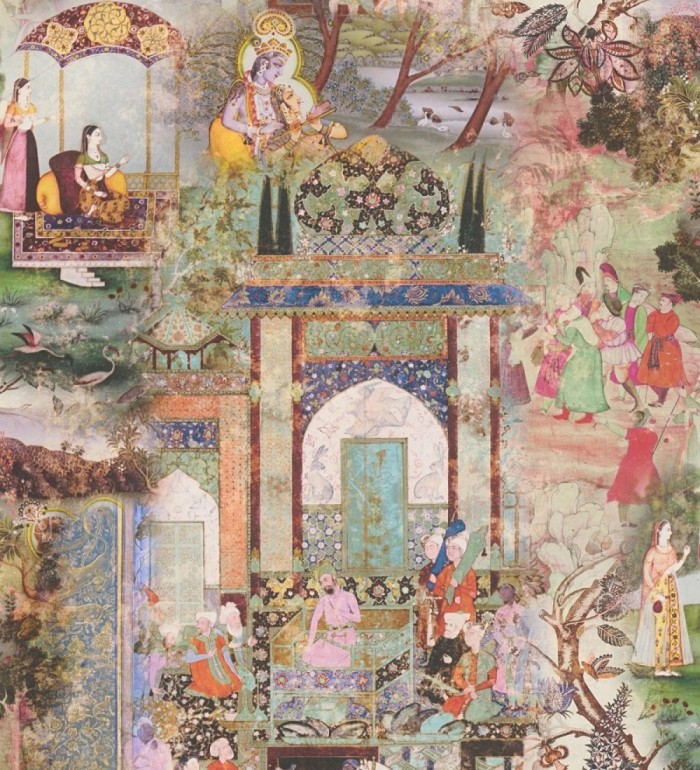 Papel pintado mural indio de tapiz artístico con escenas cortesanas y palacios - Vareli Indus 684783