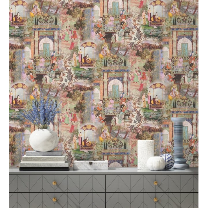 Papel pintado mural indio de tapiz artístico con escenas cortesanas y palacios - Vareli Indus 684783