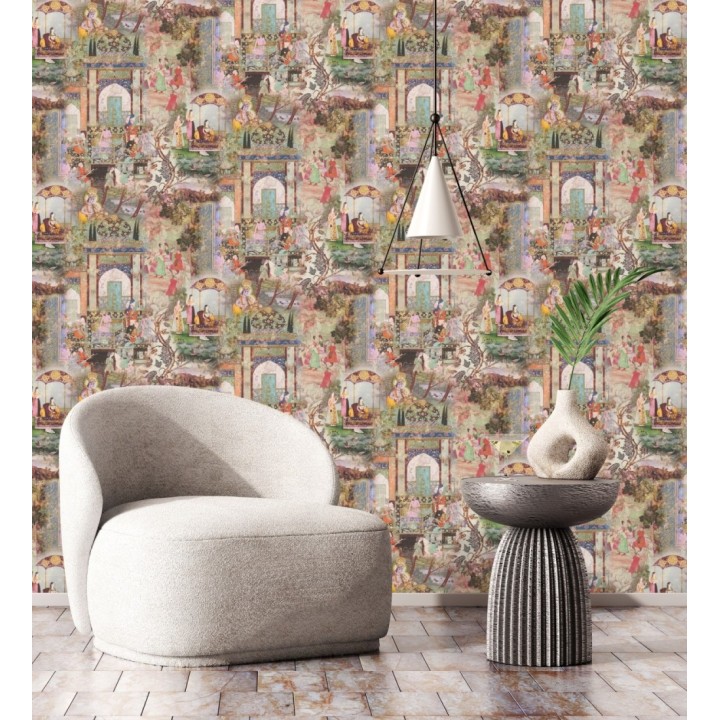 Papel pintado mural indio de tapiz artístico con escenas cortesanas y palacios - Vareli Indus 684783