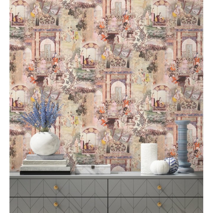 Papel pintado mural indio de tapiz artístico con escenas cortesanas y palacios - Vareli Indus 684784