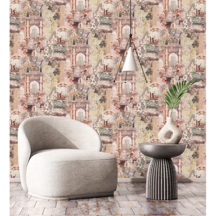 Papel pintado mural indio de tapiz artístico con escenas cortesanas y palacios - Vareli Indus 684784