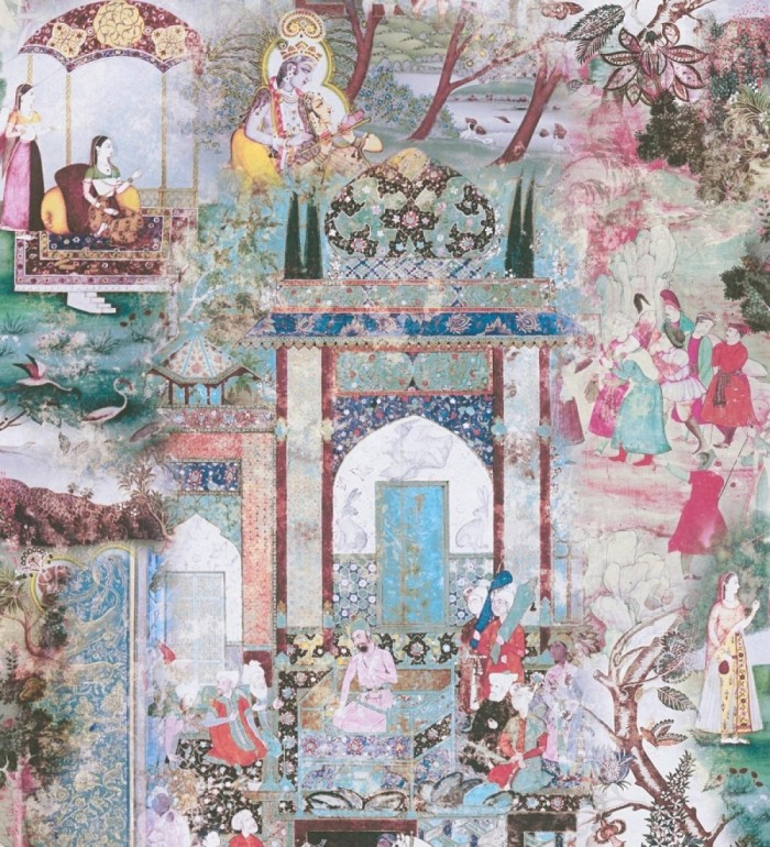Papel pintado mural indio de tapiz artístico con escenas cortesanas y palacios - Vareli Indus 684785