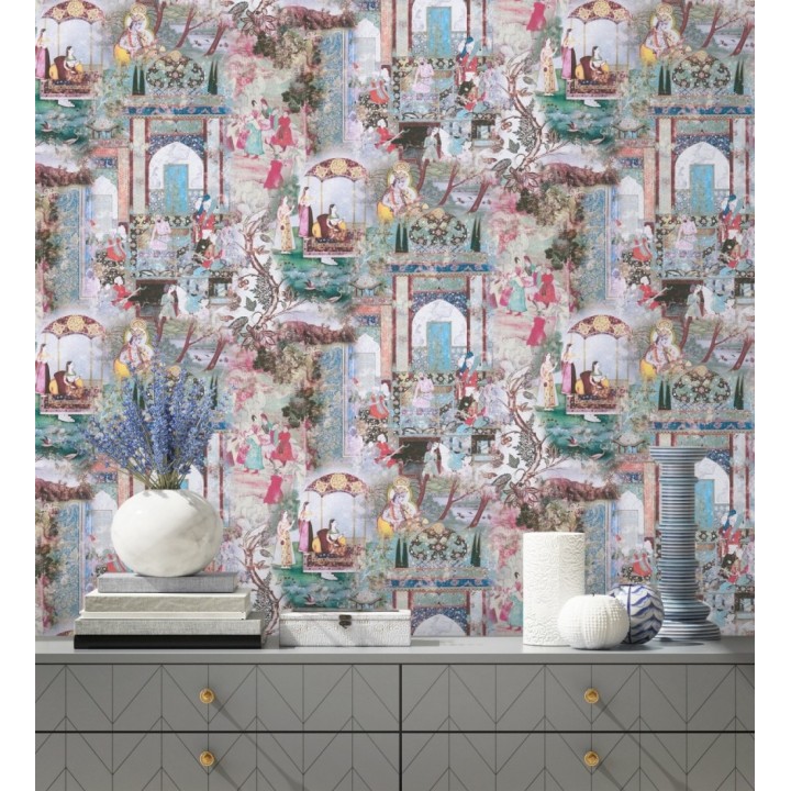 Papel pintado mural indio de tapiz artístico con escenas cortesanas y palacios - Vareli Indus 684785