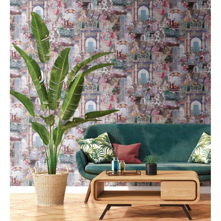 Papel pintado mural indio de tapiz artístico con escenas cortesanas y palacios - Vareli Indus 684785