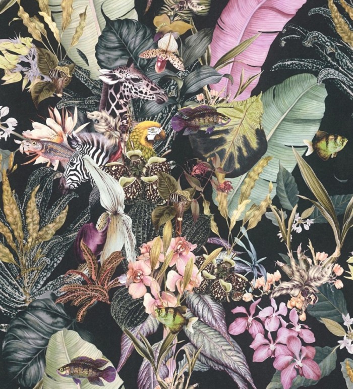 Papel pintado tropical de cebras jirafas loros y peces - Indira Exotic 684786