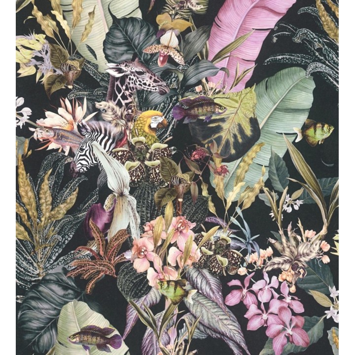 Papel pintado tropical de cebras jirafas loros y peces - Indira Exotic 684786