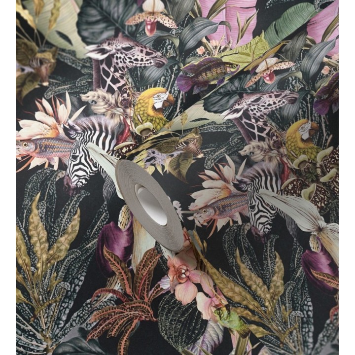Papel pintado tropical de cebras jirafas loros y peces - Indira Exotic 684786