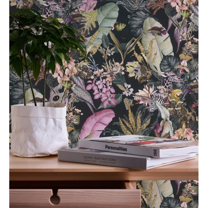 Papel pintado tropical de cebras jirafas loros y peces - Indira Exotic 684786