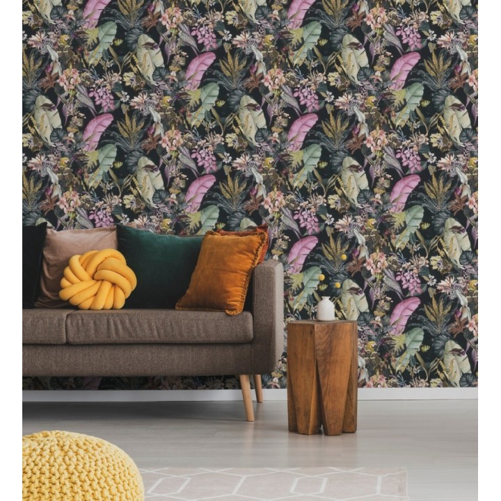 Papel pintado tropical de cebras jirafas loros y peces - Indira Exotic 684786