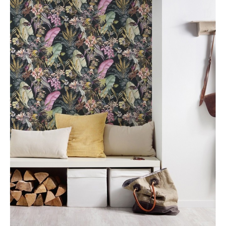 Papel pintado tropical de cebras jirafas loros y peces - Indira Exotic 684786