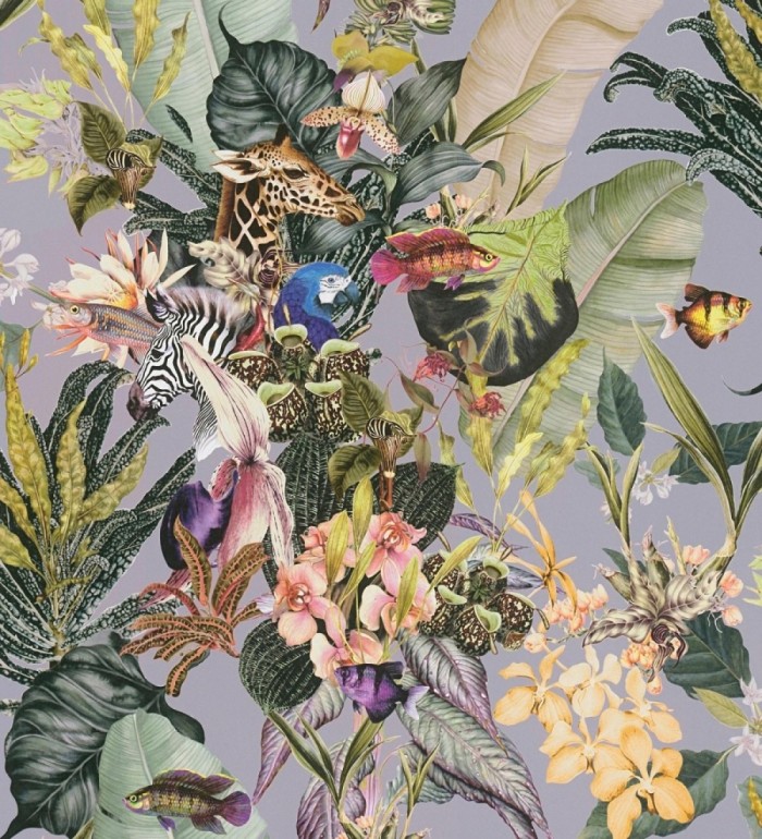 Papel pintado tropical de cebras jirafas loros y peces - Indira Exotic 684787