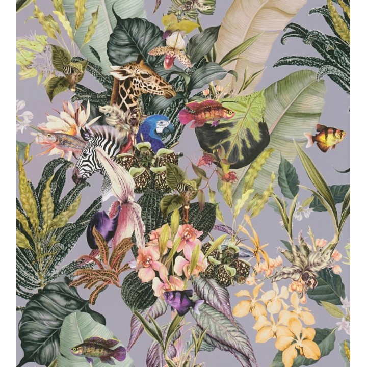 Papel pintado tropical de cebras jirafas loros y peces - Indira Exotic 684787