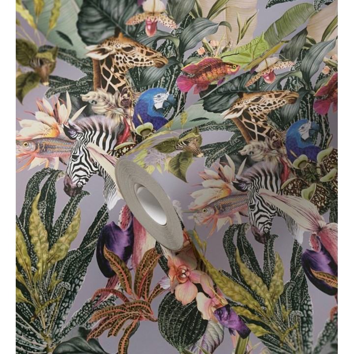 Papel pintado tropical de cebras jirafas loros y peces - Indira Exotic 684787