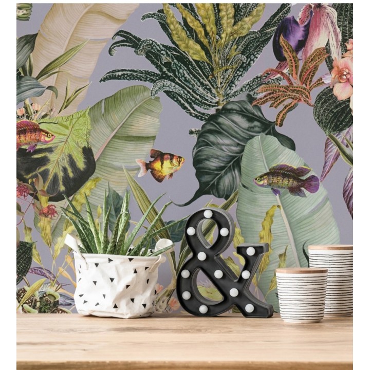 Papel pintado tropical de cebras jirafas loros y peces - Indira Exotic 684787