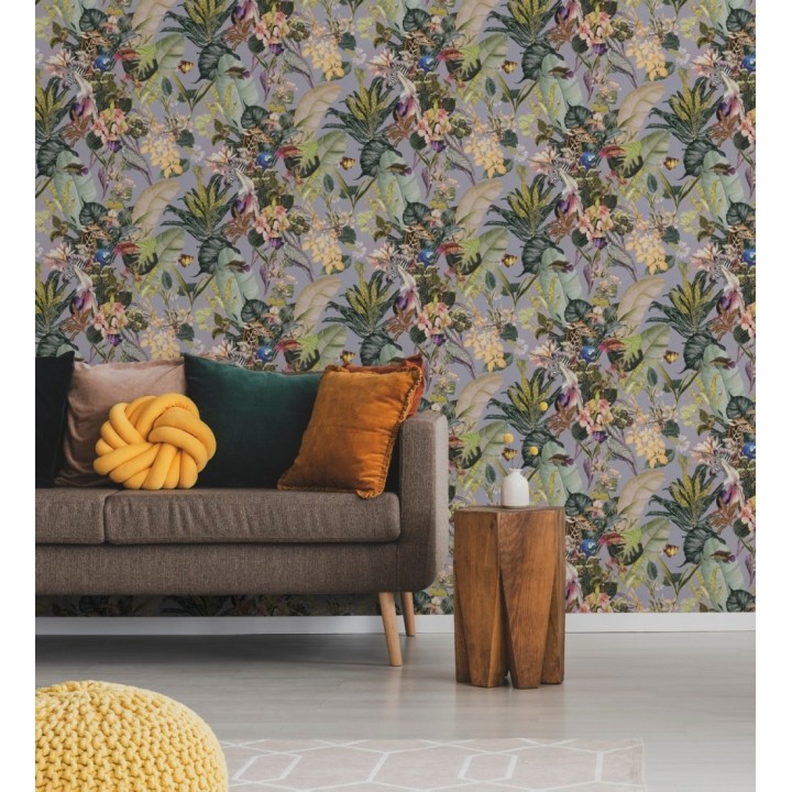 Papel pintado tropical de cebras jirafas loros y peces - Indira Exotic 684787