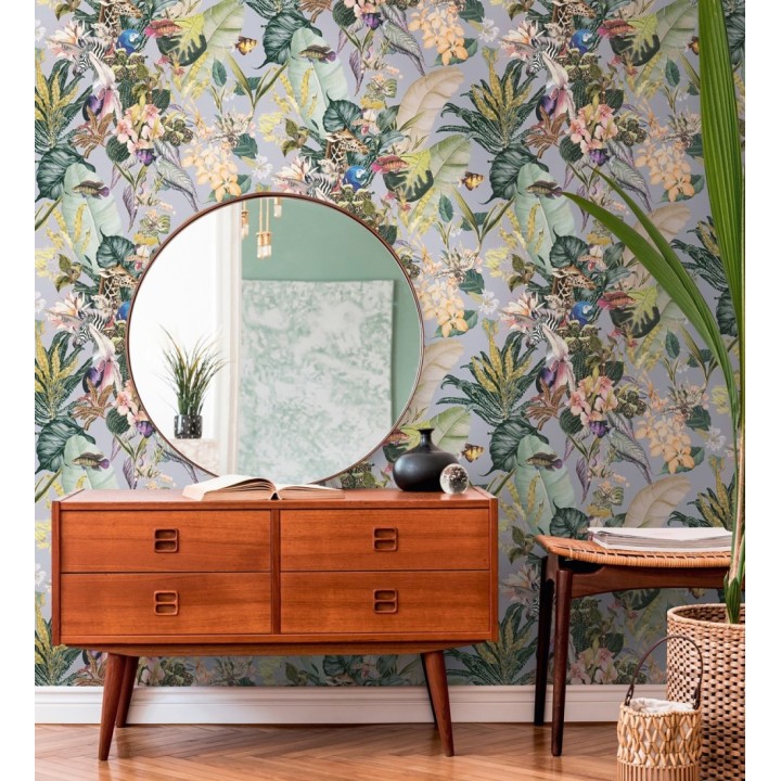 Papel pintado tropical de cebras jirafas loros y peces - Indira Exotic 684787