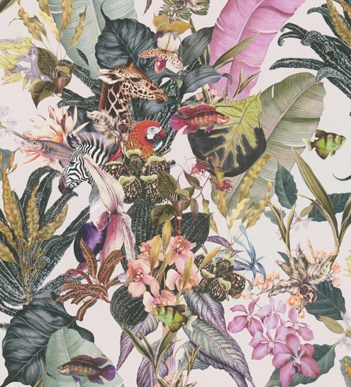 Papel pintado tropical de cebras jirafas loros y peces - Indira Exotic 684788