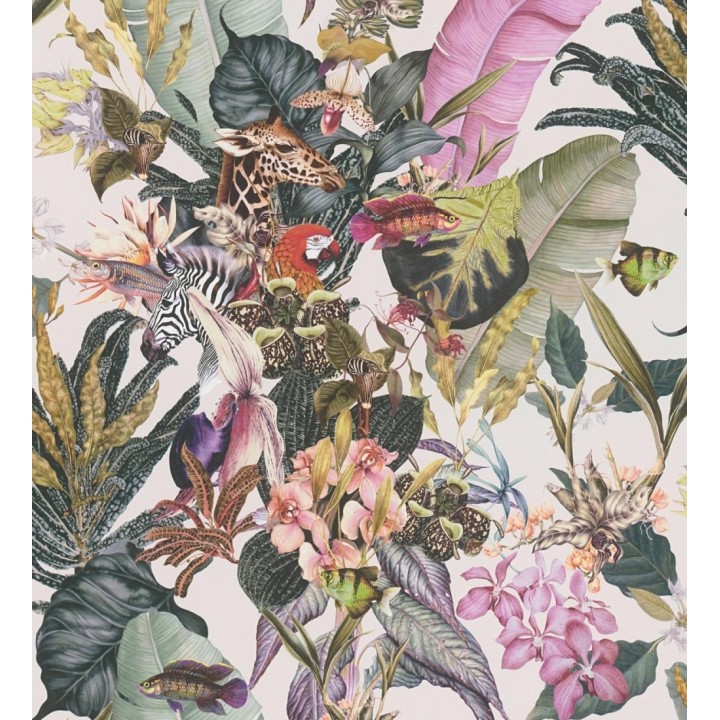 Papel pintado tropical de cebras jirafas loros y peces - Indira Exotic 684788