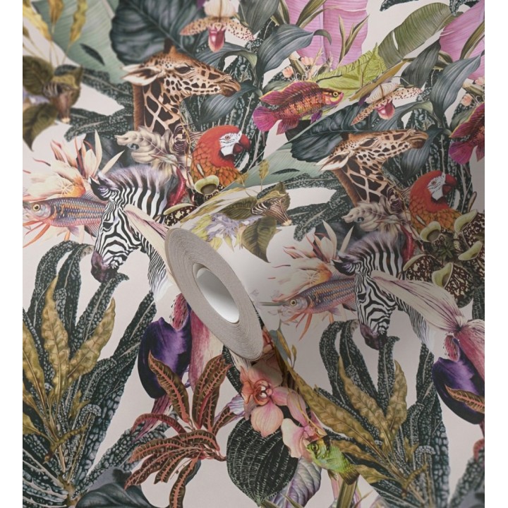 Papel pintado tropical de cebras jirafas loros y peces - Indira Exotic 684788