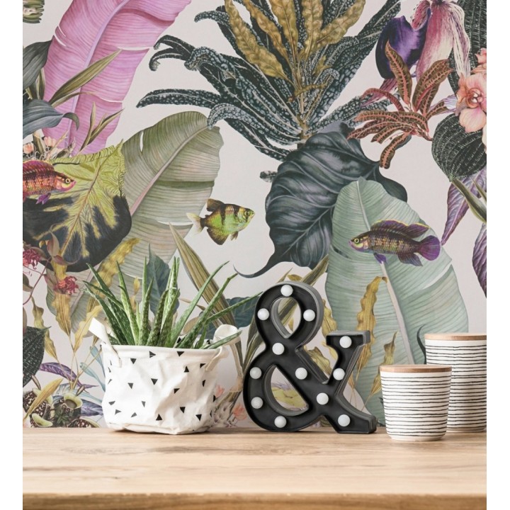 Papel pintado tropical de cebras jirafas loros y peces - Indira Exotic 684788