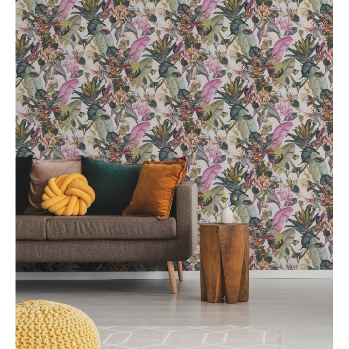 Papel pintado tropical de cebras jirafas loros y peces - Indira Exotic 684788