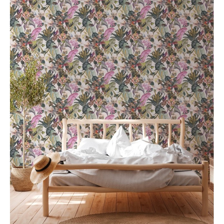 Papel pintado tropical de cebras jirafas loros y peces - Indira Exotic 684788