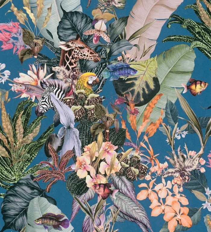Papel pintado tropical de cebras jirafas loros y peces - Indira Exotic 684789