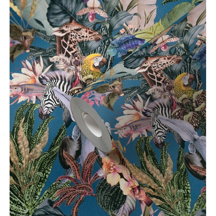 Papel pintado tropical de cebras jirafas loros y peces - Indira Exotic 684789