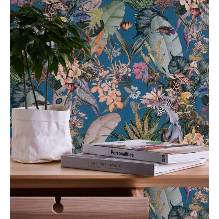 Papel pintado tropical de cebras jirafas loros y peces - Indira Exotic 684789