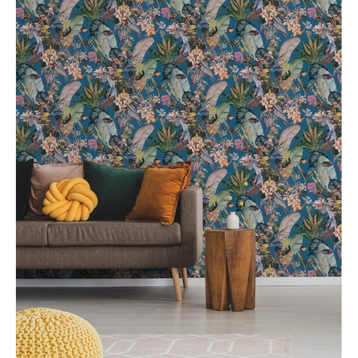 Papel pintado tropical de cebras jirafas loros y peces - Indira Exotic 684789