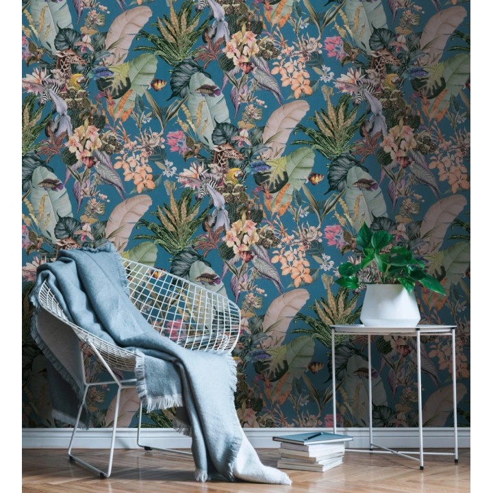 Papel pintado tropical de cebras jirafas loros y peces - Indira Exotic 684789