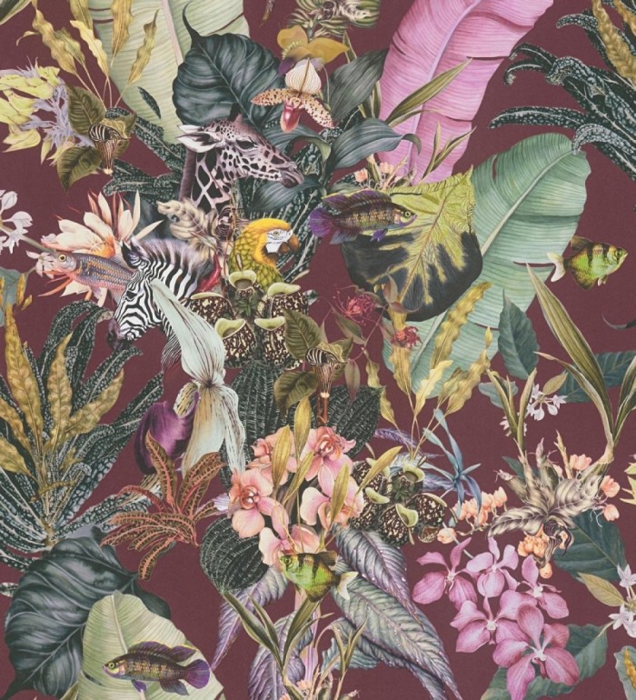 Papel pintado tropical de cebras jirafas loros y peces - Indira Exotic 684790