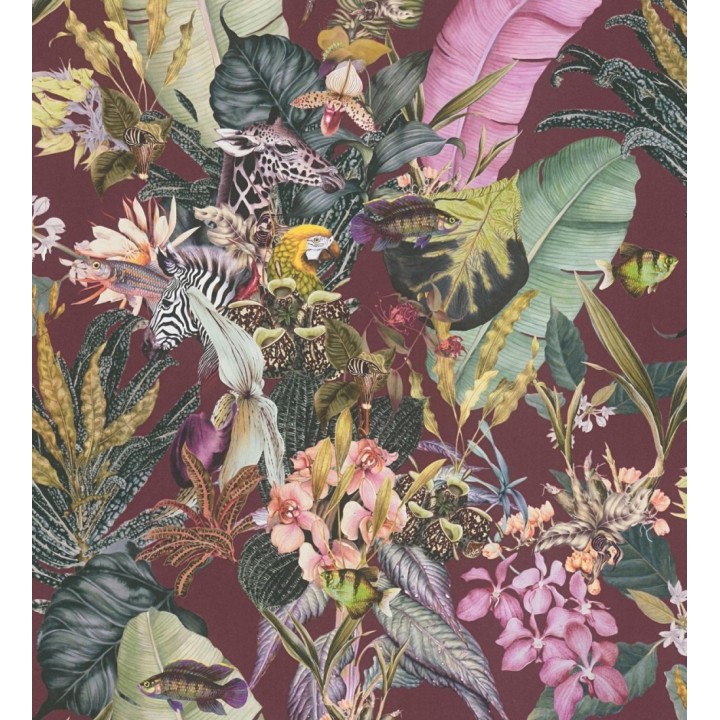Papel pintado tropical de cebras jirafas loros y peces - Indira Exotic 684790