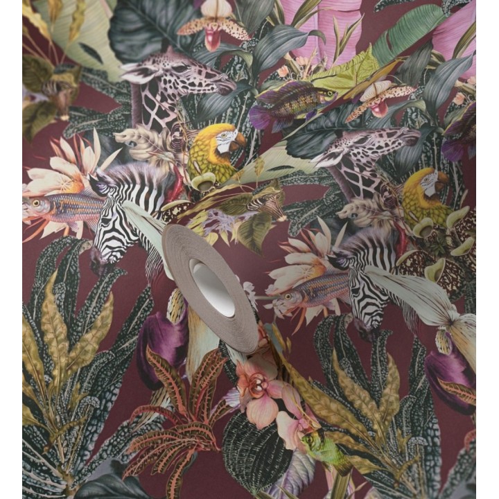 Papel pintado tropical de cebras jirafas loros y peces - Indira Exotic 684790