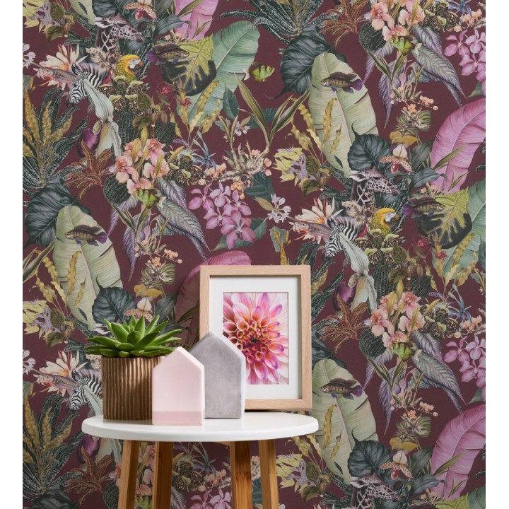 Papel pintado tropical de cebras jirafas loros y peces - Indira Exotic 684790